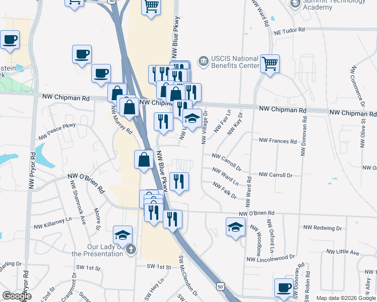 map of restaurants, bars, coffee shops, grocery stores, and more near 817 Northwest Park Lane in Lee's Summit