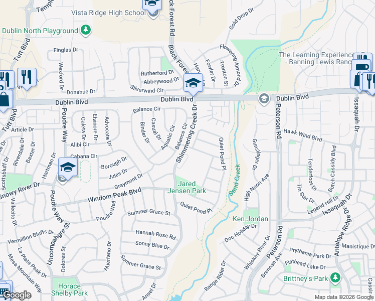 map of restaurants, bars, coffee shops, grocery stores, and more near 6573 Shimmering Creek Drive in Colorado Springs