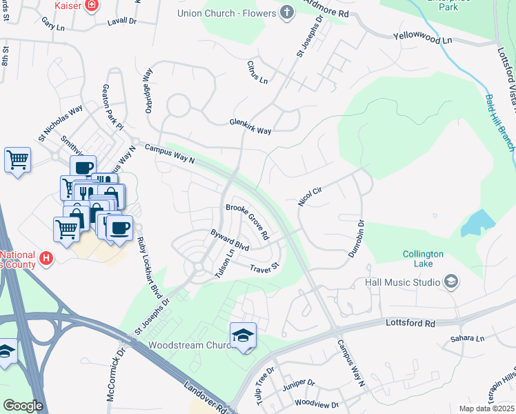 map of restaurants, bars, coffee shops, grocery stores, and more near 2326 Campus Way North in Bowie