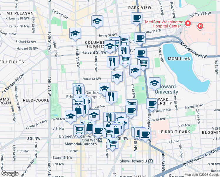 map of restaurants, bars, coffee shops, grocery stores, and more near 101 Independence Avenue Southeast in Washington