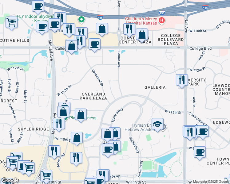 map of restaurants, bars, coffee shops, grocery stores, and more near 11450 Lamar Avenue in Overland Park