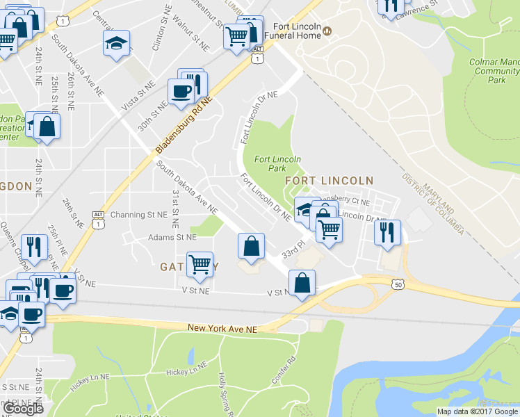 map of restaurants, bars, coffee shops, grocery stores, and more near 3268 Robert Clifton Weaver Way Northeast in Washington