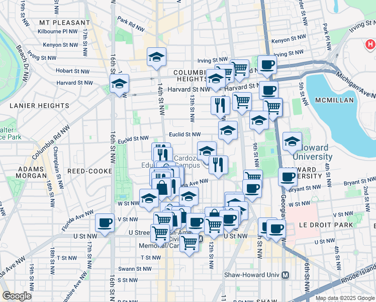 map of restaurants, bars, coffee shops, grocery stores, and more near 1303 Clifton Street Northwest in Washington
