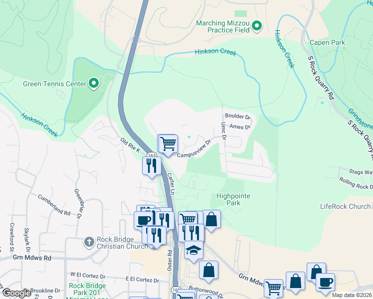 map of restaurants, bars, coffee shops, grocery stores, and more near 302 Campusview Drive in Columbia