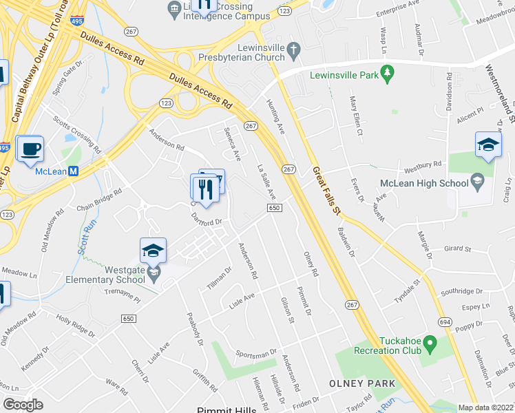 map of restaurants, bars, coffee shops, grocery stores, and more near 1738 Westwind Way in McLean