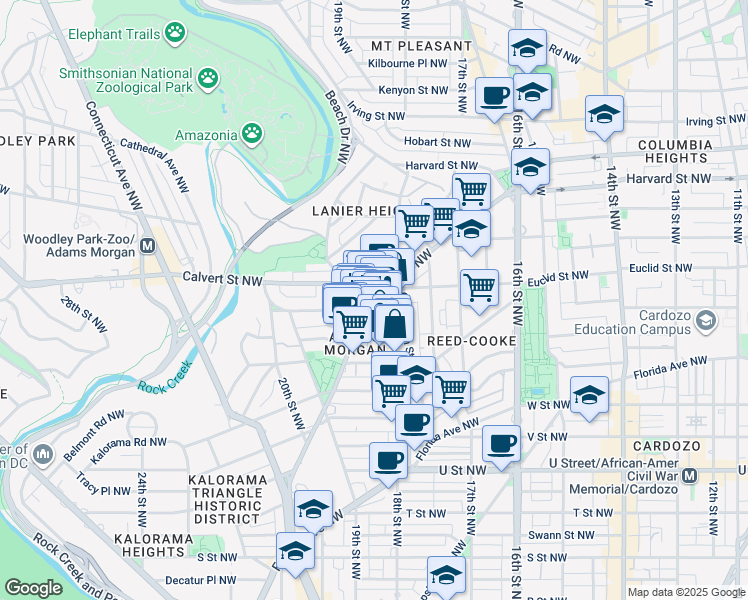 map of restaurants, bars, coffee shops, grocery stores, and more near Columbia Road Northwest & Adams Mill Road Northwest in Washington