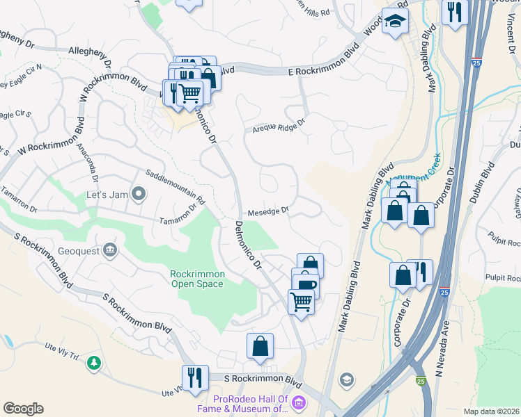 map of restaurants, bars, coffee shops, grocery stores, and more near 6320 Mesedge Drive in Colorado Springs