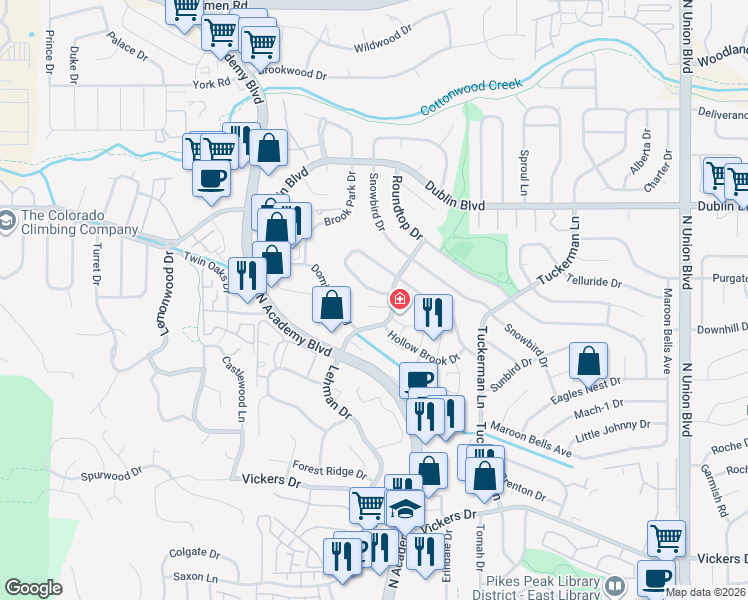 map of restaurants, bars, coffee shops, grocery stores, and more near 6270 Lehman Drive in Colorado Springs