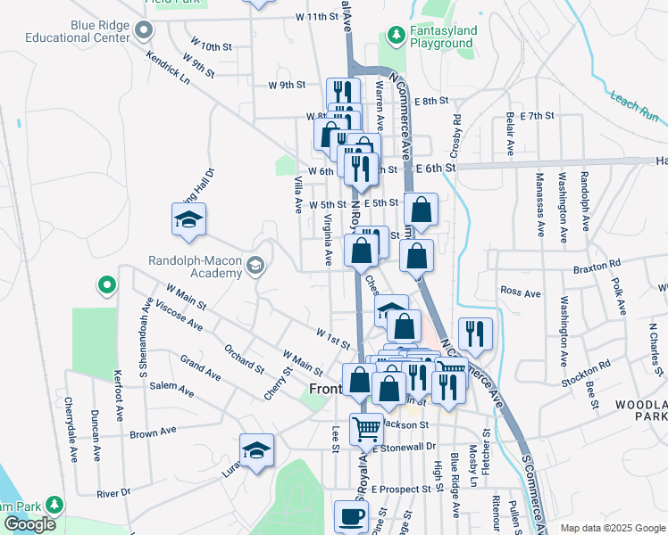 map of restaurants, bars, coffee shops, grocery stores, and more near 23 Academy Drive in Front Royal