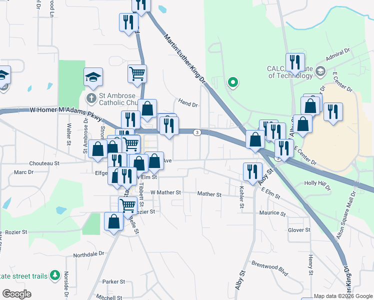 map of restaurants, bars, coffee shops, grocery stores, and more near 2716 Shordell Drive in Godfrey
