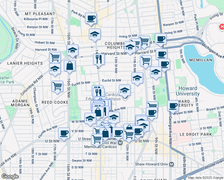 map of restaurants, bars, coffee shops, grocery stores, and more near 1307 Clifton Street Northwest in Washington