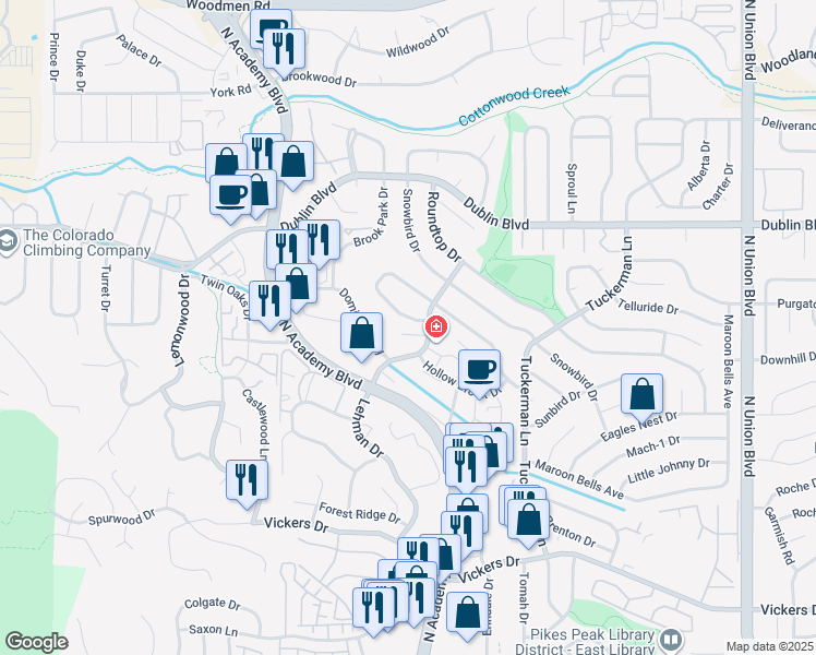 map of restaurants, bars, coffee shops, grocery stores, and more near 6270 Lehman Drive in Colorado Springs