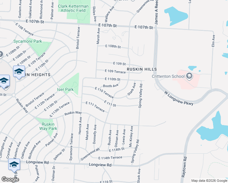 map of restaurants, bars, coffee shops, grocery stores, and more near 8704 East 110 Terrace in Kansas City