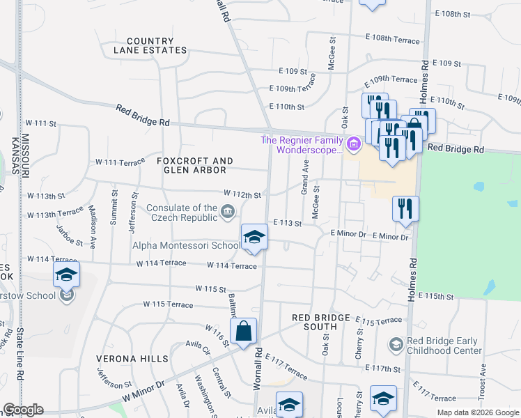 map of restaurants, bars, coffee shops, grocery stores, and more near 11216 Wornall Road in Kansas City
