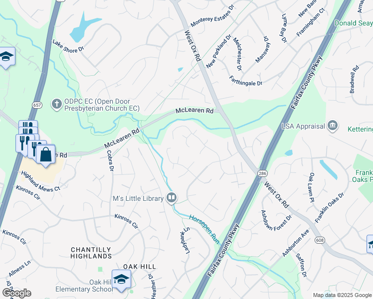 map of restaurants, bars, coffee shops, grocery stores, and more near 2916 Parklawn Court in Herndon