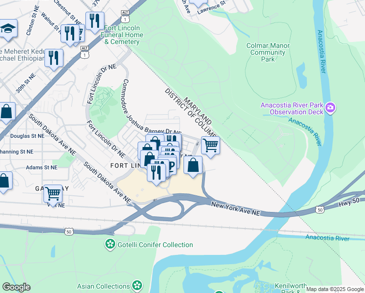 map of restaurants, bars, coffee shops, grocery stores, and more near 3801 Hansberry Court Northeast in Washington