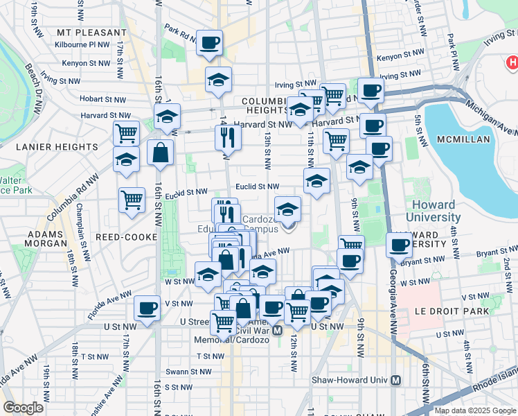 map of restaurants, bars, coffee shops, grocery stores, and more near 1307 Clifton Street Northwest in Washington