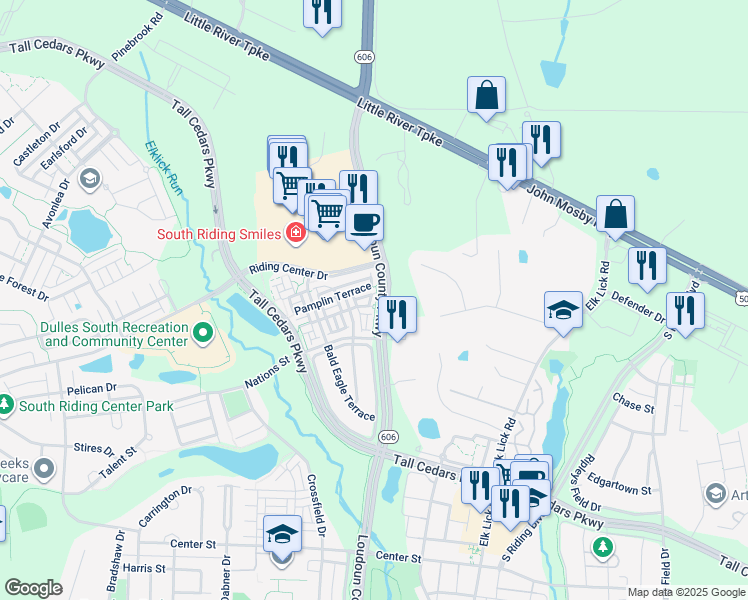 map of restaurants, bars, coffee shops, grocery stores, and more near 25116 Langdon Terrace in Chantilly