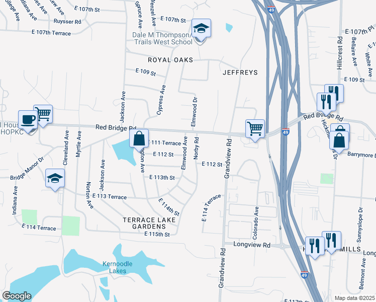 map of restaurants, bars, coffee shops, grocery stores, and more near 11113 Elmwood Avenue in Kansas City
