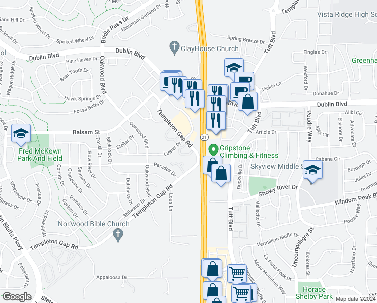 map of restaurants, bars, coffee shops, grocery stores, and more near 6180 Templeton Gap Road in Colorado Springs