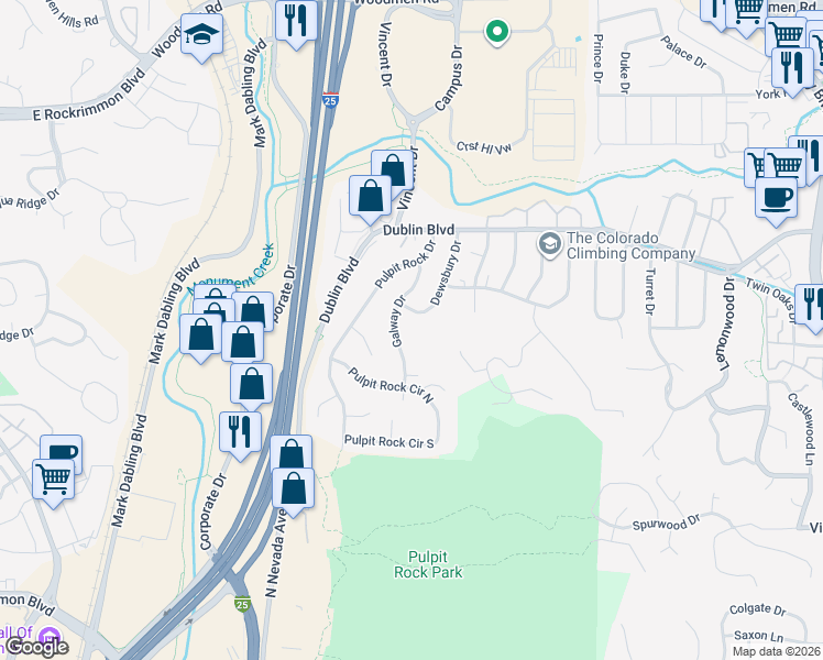 map of restaurants, bars, coffee shops, grocery stores, and more near 6341 Galway Drive in Colorado Springs