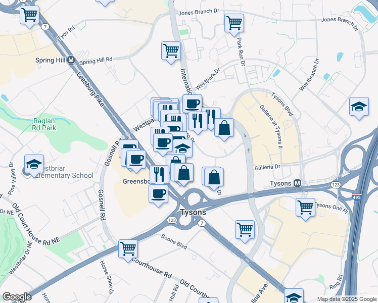 map of restaurants, bars, coffee shops, grocery stores, and more near 8281 Greensboro Drive in McLean
