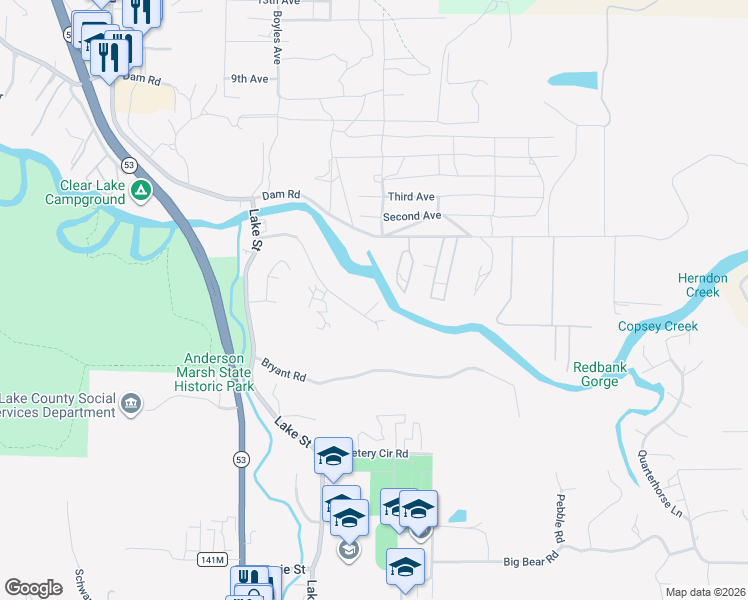 map of restaurants, bars, coffee shops, grocery stores, and more near 16400 Tish-A-Tang Road in Lower Lake