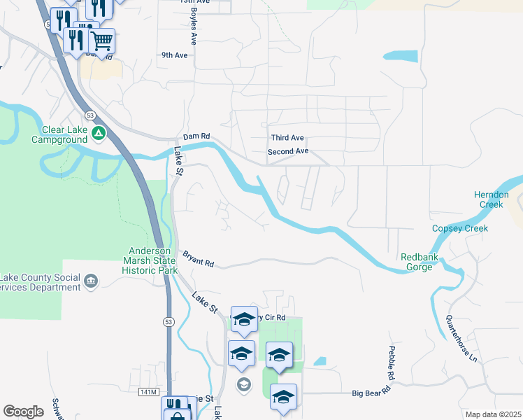 map of restaurants, bars, coffee shops, grocery stores, and more near 16410 Tish-A-Tang Road in Lower Lake