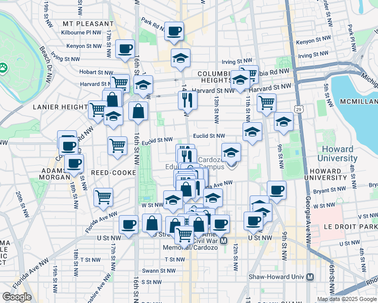 map of restaurants, bars, coffee shops, grocery stores, and more near 2550 14th Street Northwest in Washington