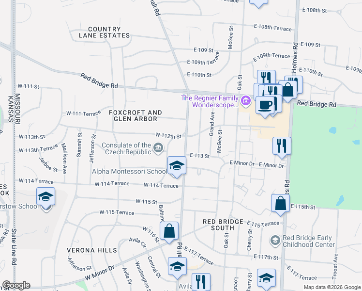 map of restaurants, bars, coffee shops, grocery stores, and more near 11216 Wornall Road in Kansas City