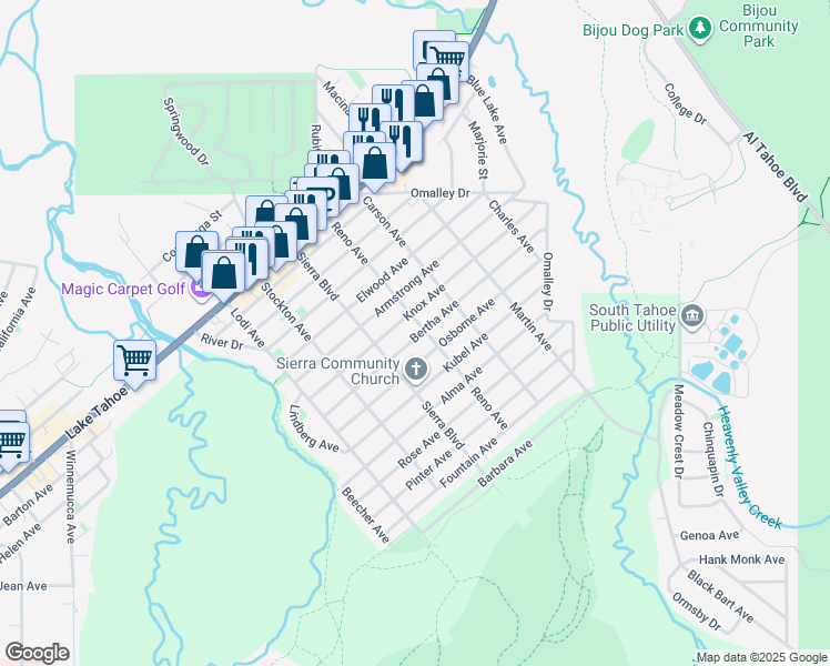map of restaurants, bars, coffee shops, grocery stores, and more near 2587 Bertha Avenue in South Lake Tahoe