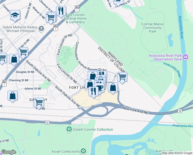 map of restaurants, bars, coffee shops, grocery stores, and more near 3700 Fort Lincoln Drive Northeast in Washington
