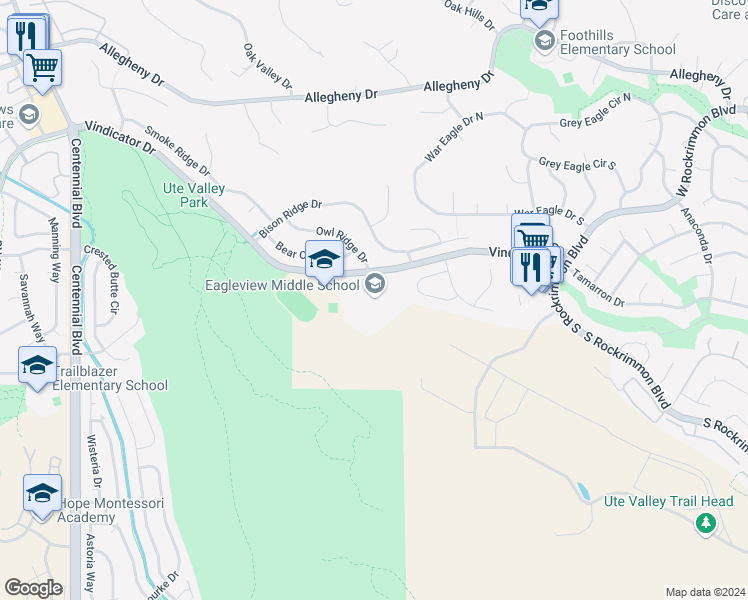 map of restaurants, bars, coffee shops, grocery stores, and more near 1325 Vindicator Drive in Colorado Springs