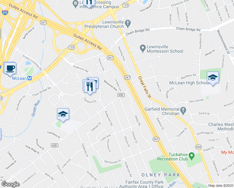 map of restaurants, bars, coffee shops, grocery stores, and more near 1764 Westwind Way in McLean