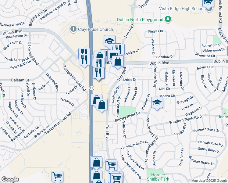 map of restaurants, bars, coffee shops, grocery stores, and more near 6378 Rockville Drive in Colorado Springs