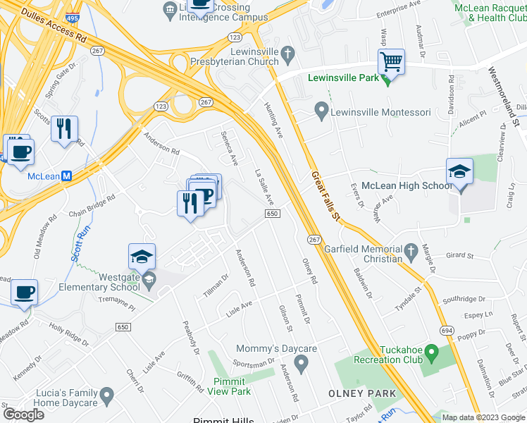 map of restaurants, bars, coffee shops, grocery stores, and more near 1764 Westwind Way in McLean