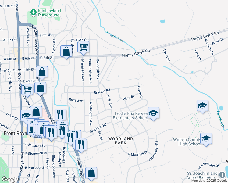 map of restaurants, bars, coffee shops, grocery stores, and more near 917 Braxton Road in Front Royal