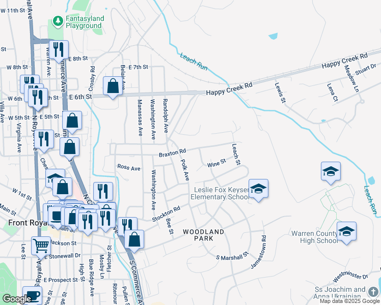 map of restaurants, bars, coffee shops, grocery stores, and more near 917 Braxton Road in Front Royal