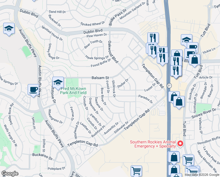 map of restaurants, bars, coffee shops, grocery stores, and more near 6135 Fossil Drive in Colorado Springs