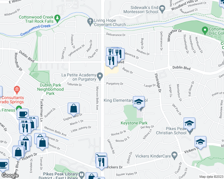 map of restaurants, bars, coffee shops, grocery stores, and more near 6230 Purgatory Court in Colorado Springs