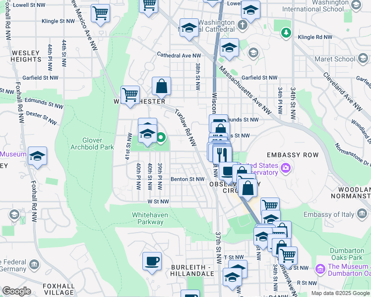 map of restaurants, bars, coffee shops, grocery stores, and more near 3823 Calvert Street Northwest in Washington