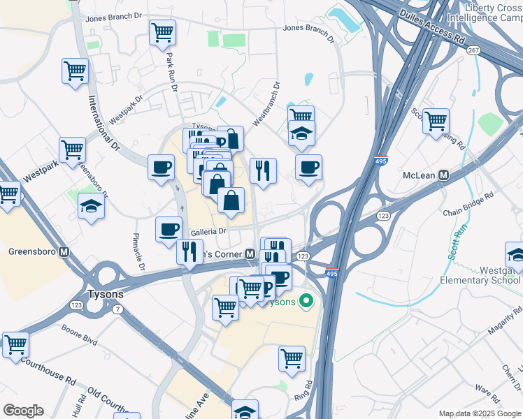 map of restaurants, bars, coffee shops, grocery stores, and more near 1747 Tysons Boulevard in Tysons