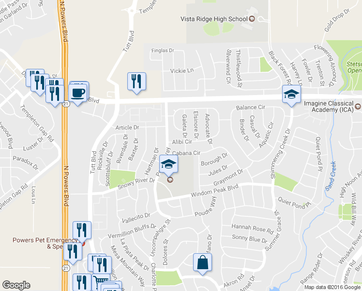 map of restaurants, bars, coffee shops, grocery stores, and more near 6251 Alibi Circle in Colorado Springs