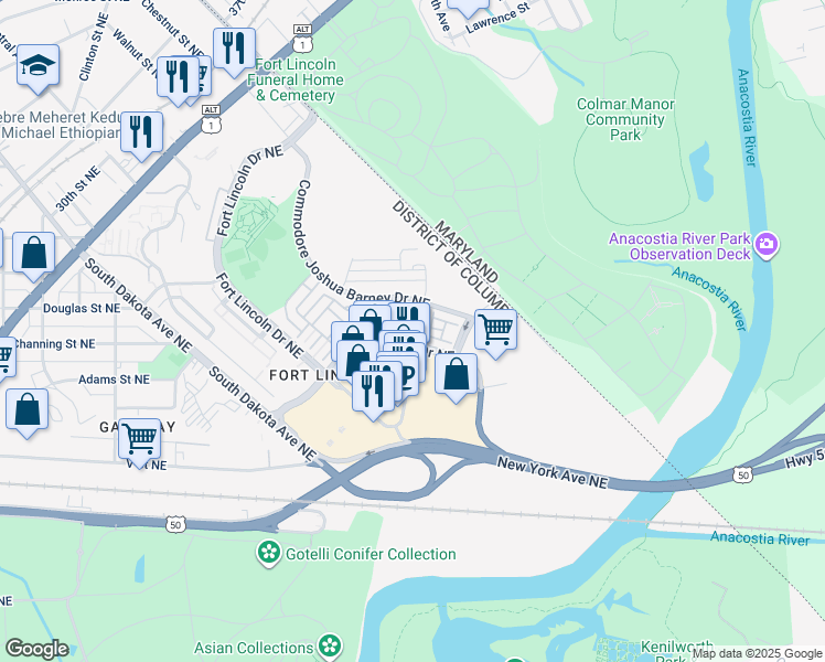 map of restaurants, bars, coffee shops, grocery stores, and more near 2506 Hurston Lane NE in Washington