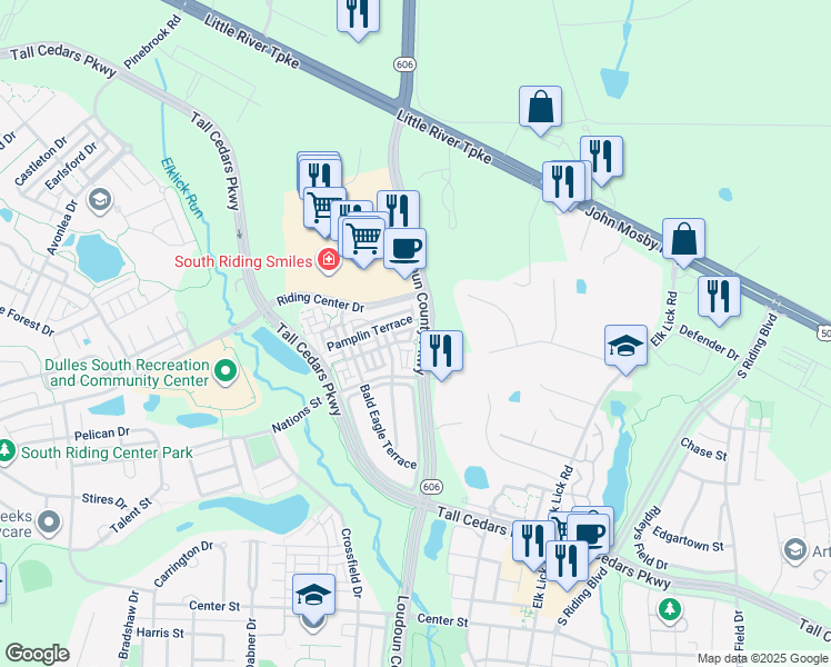 map of restaurants, bars, coffee shops, grocery stores, and more near 25114 Langdon Terrace in Chantilly