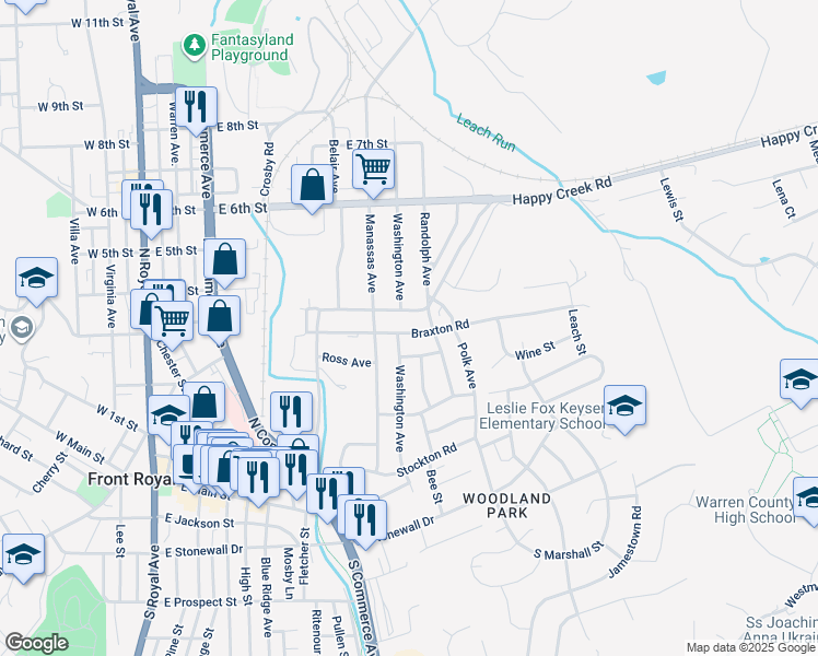map of restaurants, bars, coffee shops, grocery stores, and more near 702 Braxton Road in Front Royal