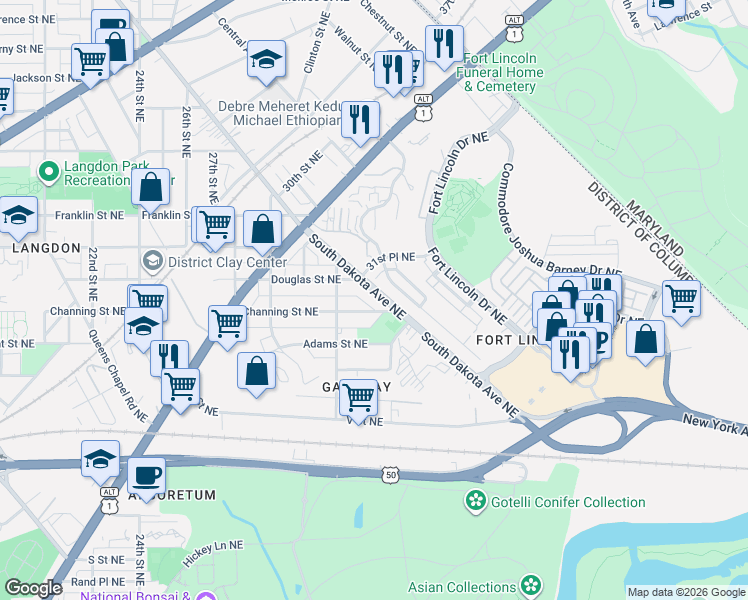 map of restaurants, bars, coffee shops, grocery stores, and more near 101 Independence Avenue Southeast in Washington