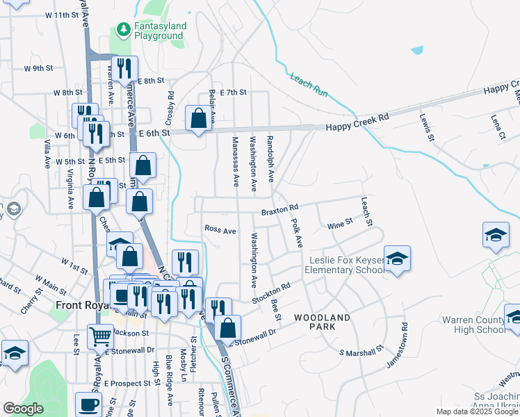 map of restaurants, bars, coffee shops, grocery stores, and more near 702 Braxton Road in Front Royal