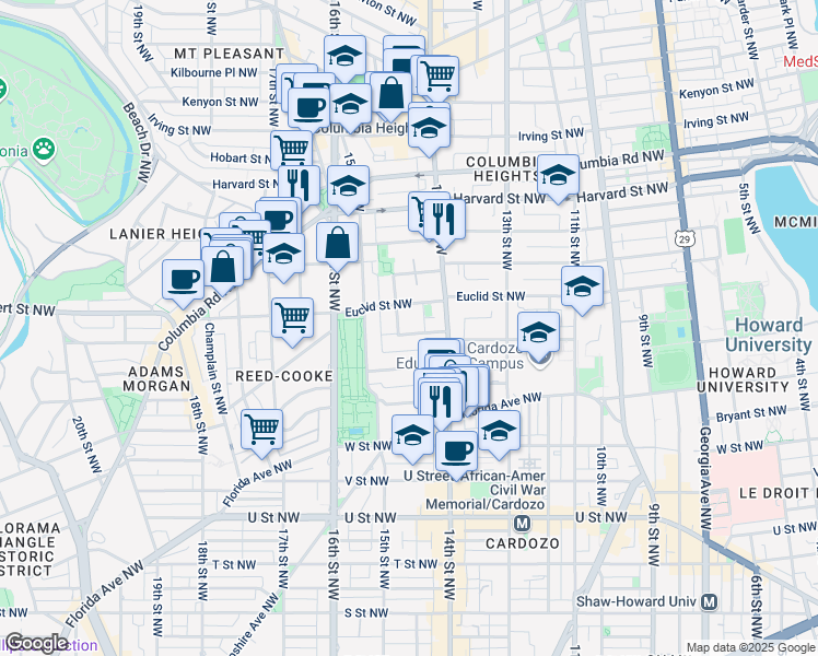 map of restaurants, bars, coffee shops, grocery stores, and more near 1441 Clifton Street Northwest in Washington