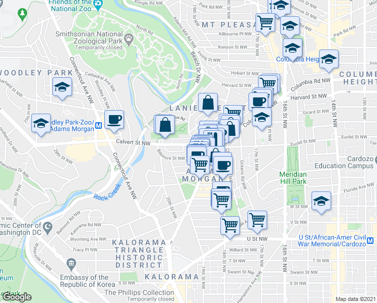 map of restaurants, bars, coffee shops, grocery stores, and more near Cliffbourne Place Northwest in Washington